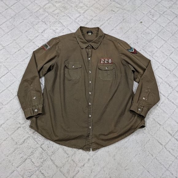 Torrid Shirt Women's 1X Brown Green Military Snap Button Patches Long Sleeve - Picture 1 of 6